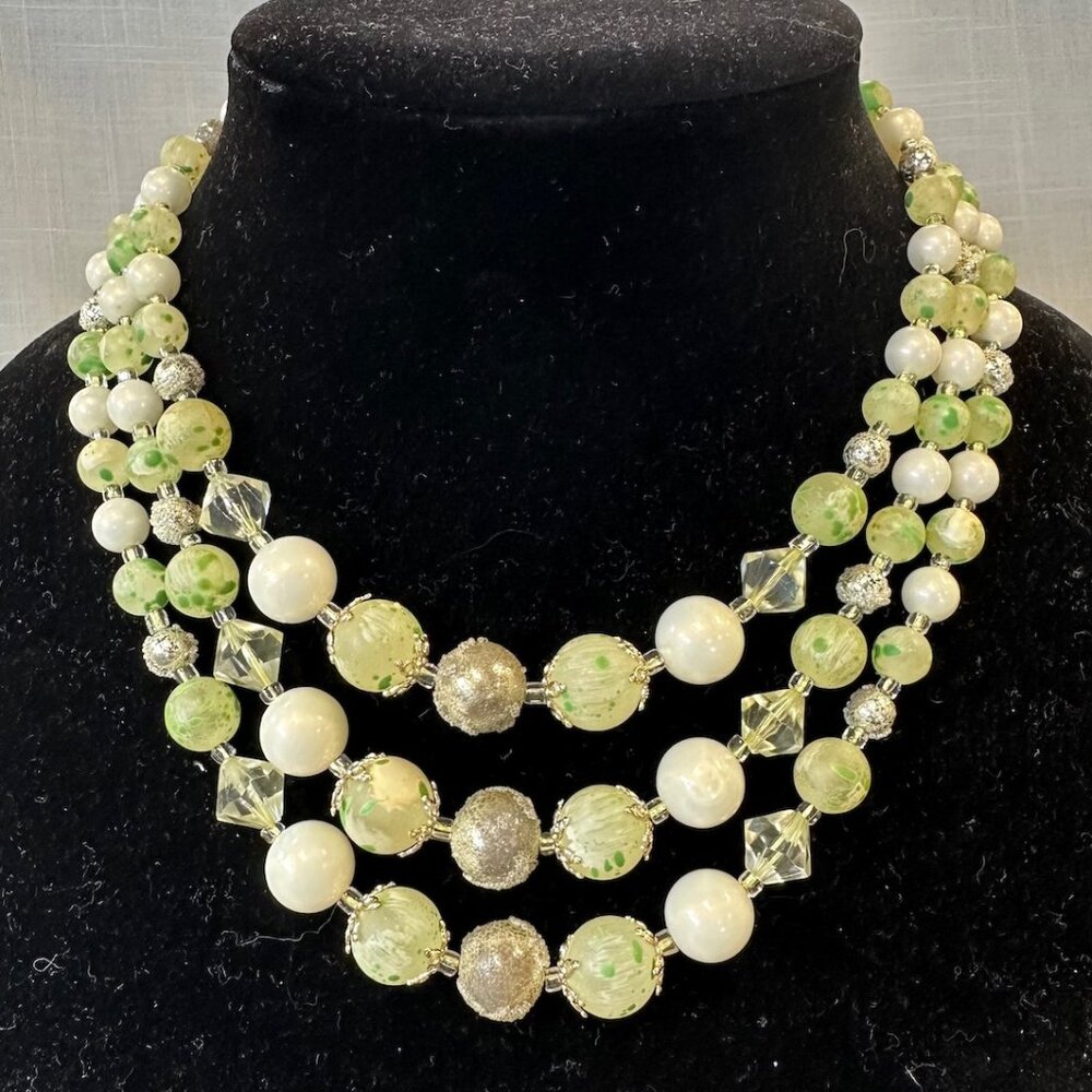 Vintage Japan 1950s Green Jelly Bean and Pearl Triple Strand Necklace